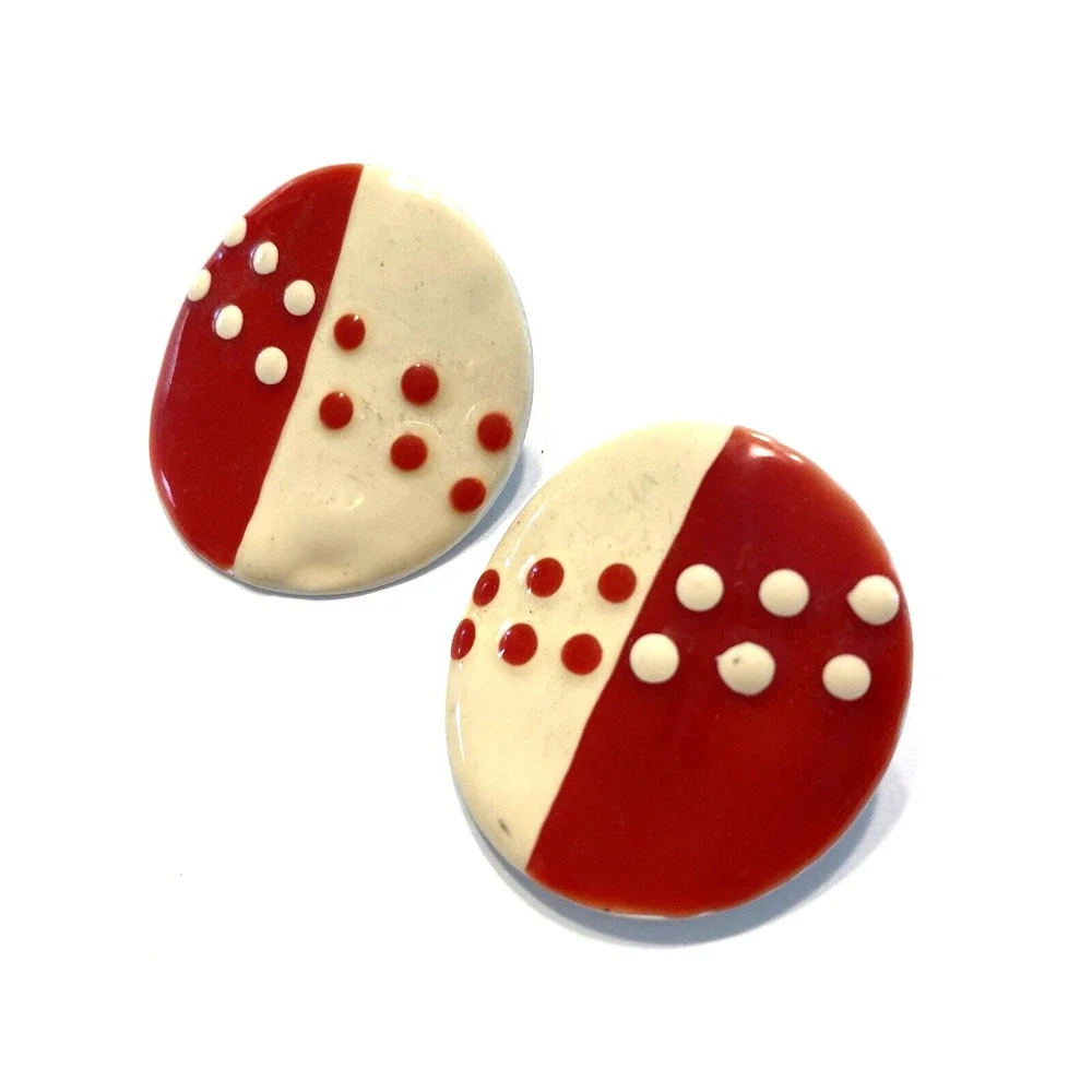 Vintage Clip On Earrings Red & White Enamel on Metal Rounds Mod 1960's Fashion